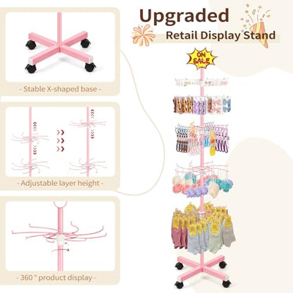 Flenpptly Retail Display Stand, 5-Tier Rotating Display Rack for Store Display, Movable and Adjustable Spinning Display Stand for Earrings, Jewelry, Keychains, Socks Display (Pink) - color: Pink