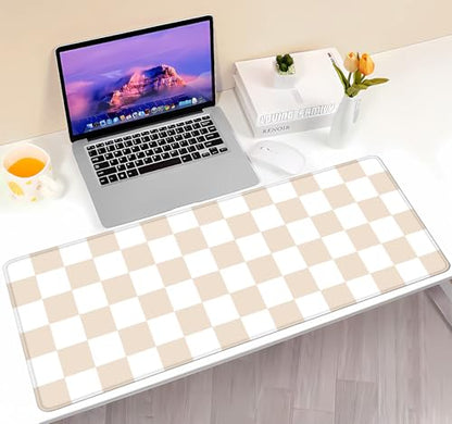 Beige Sand Checkered Desk Pad, Cute Aesthetic Retro Extra Large Mouse Pad for Kids Girls, Computer Mousepad Laptop Desk Mat, Writing Mat for Work Home, 31.5 X 11.8 in - color: Beige Sand Checkered