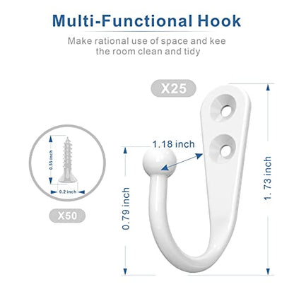 ZAYBOD 25 Pack White Hooks for Hanging - Heavy Duty Zinc Alloy Wall Mounted Hook Bulk for Coats, Towels - Matte White Single Coat Hook, Multi-Room Modern Closet Hardware Value Set - color: 25PCS + White Hook
