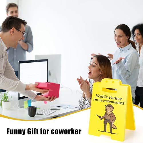 Funny Cowboy Dog Desk Sign - Hold On Partner I'm Overstimulated - Neurodivergent Humor Office Decor, Gag Gifts for Coworkers, Meme Decoration - style: Cowboy Dog