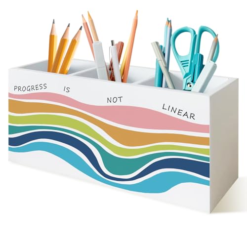 Abstract Mental Health Pen Holder for Desk,Progress Is Note Linear Inspirational Wooden Box Sign Desk Decor for College Girls Dorm Home Decoration,Mental Health Pencil Organizer,Therapist Gifts - color: Abstract