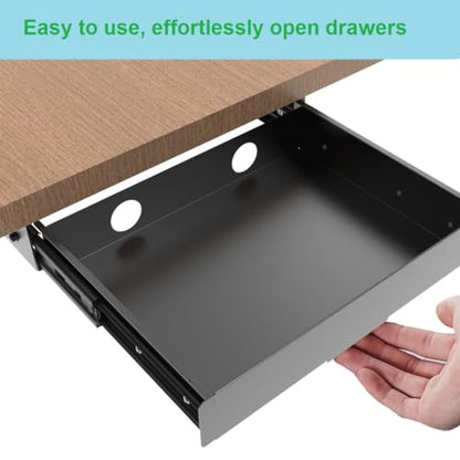 Under Desk Mounted Slide out Drawer, W 13.4" x D 9.3" Storage Organizer with Cable Management，Pull Out Add-On Storage for Office & Standing Desks with High Crossbar, Metal, Black (Medium)