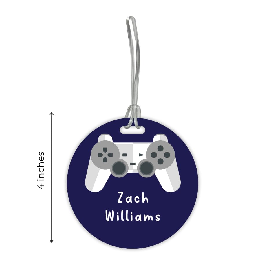 Personalized Gamer Circle Luggage Tag / 4" Round Custom Video Game Bag Tag/Double Sided Durable Plastic Luggage Tag with Plastic Strap/Made in The USA - style: Video Game
