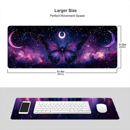 Butterfly Desk Mat Gaming Mouse Pad 31.5 x 11.8 Inch Star Moon Purple Pink Dreamy Mousepad Extended Large Laptop Keyboard Non-Slip Rubber Base with Stitched Edges for Home - color: Butterfly, size: 11.8W x 31.5L inches