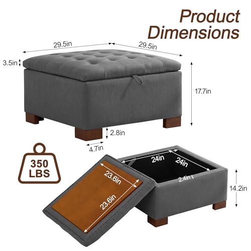 WUTUTUEE 30" Fabric Square Storage Ottoman with Wooden Tray, Modern Tufted Button Footstool Coffee Table, Upholstered Large Ottoman for Living Room, Bedroom, Dark Gray - color: Dark Gray, size: 30 Inch