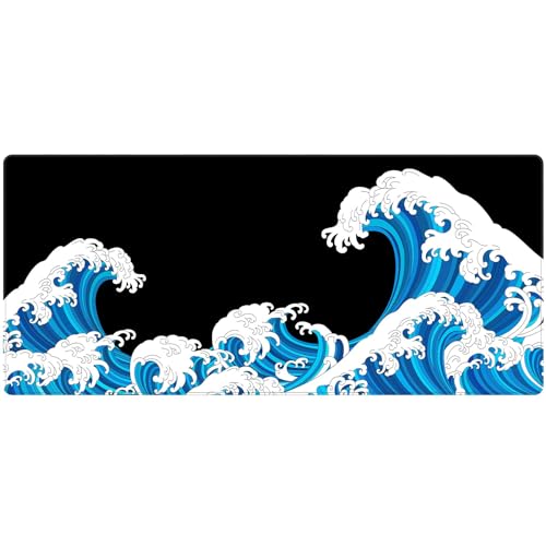 Large Mouse Pad Desk Mat 900 x 400 x 3mm Cool Sea Texture Non-Slip Rubber Base Mousepad Stitched Edges Keyboard Mat for Office Home Game - Black and White Sea Wave - color: White-black
