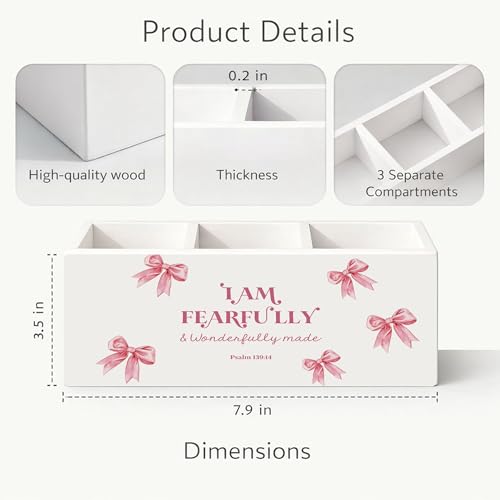 Girls Pink Bow Wooden Desk Organizer | Cute pink bow design; wooden pen and pencil holder keeps study, office, or home desktop supplies organized. - color: Fearfully Made