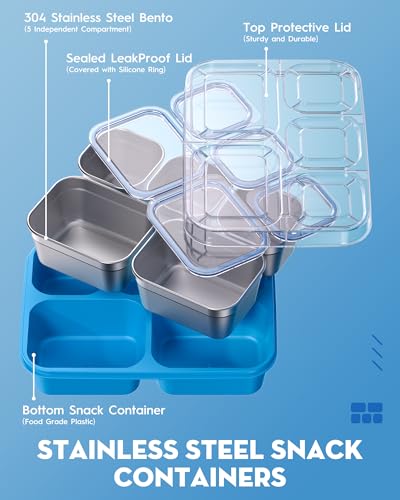 BiuLeon Snackle Box Containers, Stainless Steel 5 Compartments Divided Serving Tray with Lid, Removable LeakProof Portable Bento Box for Fruit Candy Nuts Food - School, Picnic and Travel（Blue） - color: Blue