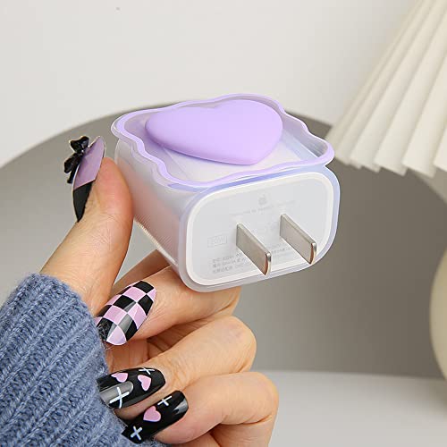 Compatible with iPhone 18W/20W USB-C Charger Cover Lovely 3D Love Heart Waves Clear Soft Charger Protector Cute Cable Saver for iPhone 11 12 13 14 Pro Max Fast Power Adapter, Purple 1 (5in1) - color: Purple 1 (5 in 1)