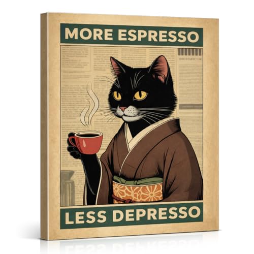 Vintage Cat Coffee Lover Wall Art Print More Espresso Less Depresso Canvas Painting Artwork Wall Decor for Home Kitchen Coffee Station 8x10 Framed
