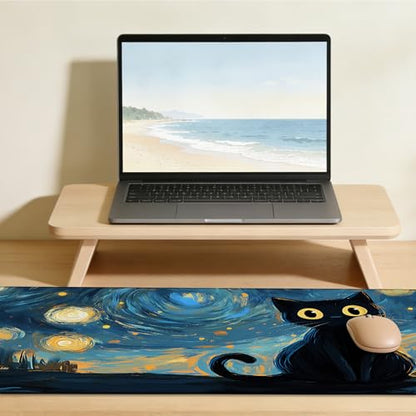 Black Cat Under Starry Night Gaming Mouse Pad Large Desk Mat Extended Keyboard Anime Mousepad with Non-Slip Base and Stitched Edge for Desk Home Office Gaming,31.5 x 11.8 Inch - color: Black Cat under Starry Night, size: 11.8*31.5inch