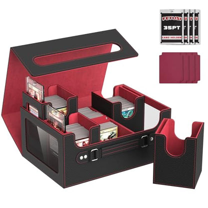 Commander Deck Box for MTG Fits 400+ Double-Sleeved Card Storage, 4 IN 1 Removable Card Case with Multi-purpose Deck Case, Display Window for TCG/PTCG/EDH, 4 Magnetic One Touch Holders(Black Red) - color: Black Red