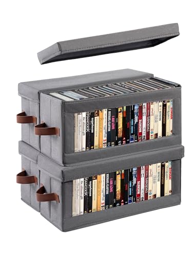 4 Pack DVD Storage Box with Visible Window, Dustproof CD/DVD Case Holder Organizer Rack Can Hold Up to 104 DVD, Blu-ray & CD Storage, Stackable and Lid Design-Grey - color: Grey, size: 4 Pack