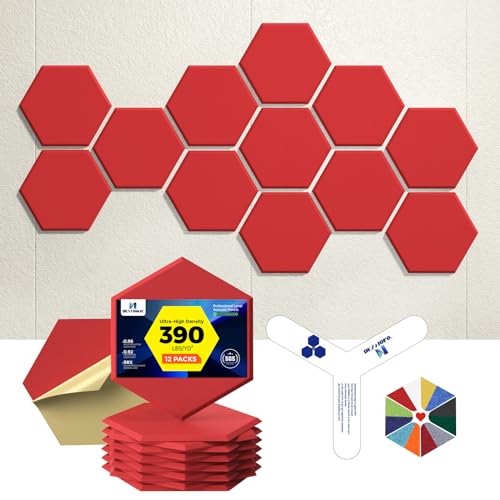 Self-Adhesive Acoustic Panels [390 lbs/yd³ Ultra-High Density], 2nd Generation Sound Absorbing Panel, Professional Level Sound Panel, Polyester Soundproof Foam [Medium Hexagon, Red] - color: Red, size: Medium Hexagon (12''x10''x0.4'')