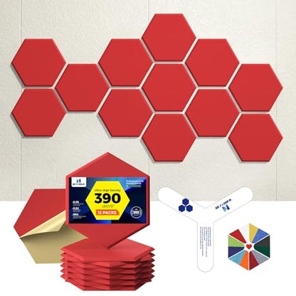Self-Adhesive Acoustic Panels [390 lbs/yd³ Ultra-High Density], 2nd Generation Sound Absorbing Panel, Professional Level Sound Panel, Polyester Soundproof Foam [Medium Hexagon, Red] - color: Red, size: Medium Hexagon (12''x10''x0.4'')