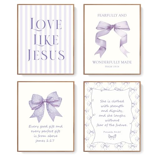 LARTSFRO Coquette Purple Bow Jesus Wall Art Decor Posters, Purple Bow Christian Room Bedroom Bathroom Dorm Wall Art Decor Aesthetic for Teen Girls Gifts, Inspirational Bible Verses Bow Wall Decor, 10x8 Inch Set of 4 Bow Pictures (UNFRAMED) - color: purple