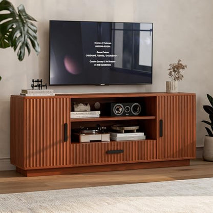 LCRBOL TV Stand for up to 70" TV, Mid-Century Entertainment Center, Walnut | 63"W x 15.4"D x 25"H, 2 fluted cabinets, 1 drawer & open shelves, top holds 200 lbs, cable management, ~90 min assembly - color: Brown