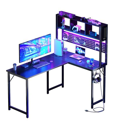 Small Black L Shaped Gaming Desk with Hutch , 47 Inch Corner Gaming Desk with Storage Shelves for Bedroom Small Space, Reversible L-Shaped Computer PC Desks with Pegboard LED Light for Kids Boys Girls