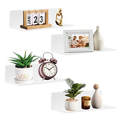 9 Inch Acrylic Floating Shelf No Drill Adhesive Wall Shelf Set of 4 for Funko Pop Storage, Floating Shelves Damage-Free Expand Wall Space for Living Room, Bathroom, Gaming Room, Office - White - color: White