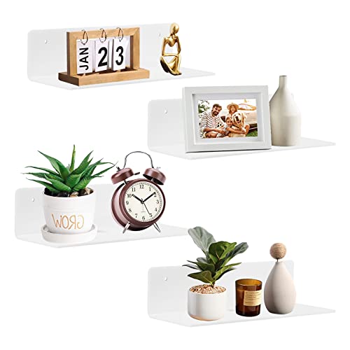 9 Inch Acrylic Floating Shelf No Drill Adhesive Wall Shelf Set of 4 for Funko Pop Storage, Floating Shelves Damage-Free Expand Wall Space for Living Room, Bathroom, Gaming Room, Office - White - color: White