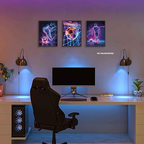 BGFCE Cool Soccer Gaming Wall Art Posters Set of 3, Neon Video Gamer Canvas Pictures, Colorful Soccer Game Painting Prints for Boys Room, Gaming Room Decor for Kids Gamer Room 12x16 inch Unframed - color: Cool Football Sports Posters, size: 16L" x 12W"