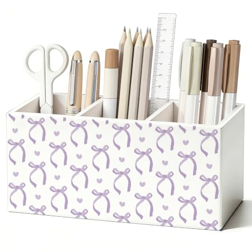 Purple Bow Pen Pencil Holder for Office Desk Accessories Decor | Coquette Office Accessories for Women, Cute Bow Pen Pencil Wooden Organizer Decorations for Dorm Room Bedroom Tabletop Desk - color: 00-Purple Bow(white)