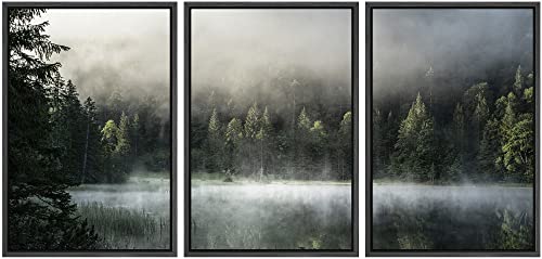 NWT Framed Canvas Print Wall Art Set Misty Fog Pine Tree Forest Landscape Nature Wilderness Photography Modern Art Realism Decorative Rustic for Living Room, Bedroom, Office - 16"x24"x3 Black - color: A02-2208-yuk25, size: 16" x 24" x 3 Panels BLACK