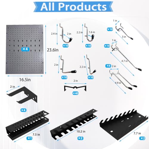 JZD Metal Pegboard Wall Organizer 4 Packs Pegboard with115 PCS Hooks Pegboard Tool Organizer Kit for Garage Workshop - size: 4 packs+115hooks