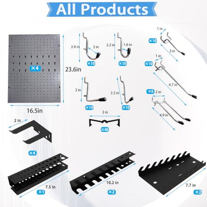 JZD Metal Pegboard Wall Organizer 4 Packs Pegboard with115 PCS Hooks Pegboard Tool Organizer Kit for Garage Workshop - size: 4 packs+115hooks