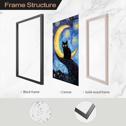 Funny Black Cat Wall Art Trendy Tree and Moon Oil Paintings Animal Poster Abstract Cat Floral Prints Posters Wall Decor Aesthetic for Farmhouse Gallery Bedroom 12x18inch Black frame - color: Antique cat - Black PVC frame, size: 12"L x 18"W