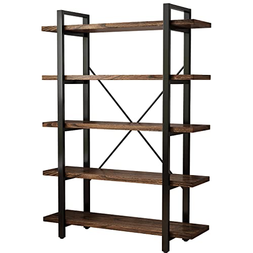 5-Tier Industrial Style Solid Wood Bookcase and Book Shelves,Rustic Wood and Metal Shelving Unit， Living Room,Modern Rustic Open Industrial Book Shelf Office,Distressed Brown (AY-02-5Tier) - size: 5Tier