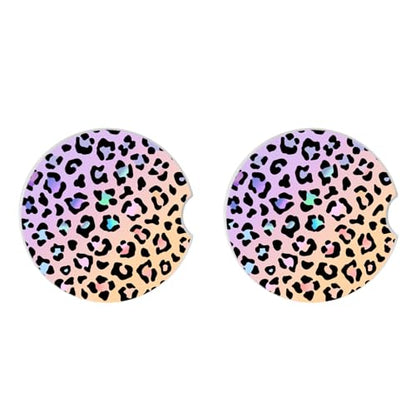 Cute Gradient Leopard Ceramic Cup Holders Car Coasters Set for Women/Men,Drink Cup Car Holder Coasters with A Finger Notch 2.56" Pack of 2 - color: Gradient Leopard