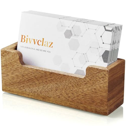 Bivvclaz Business Card Holder Desk, Acacia Wood Business Card Organizer Desktop Business Card Display Stand for Office Tabletop Exhibition, Small Business Essentials - color: Acacia