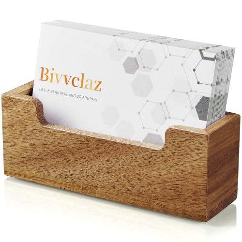 Bivvclaz Business Card Holder Desk, Acacia Wood Business Card Organizer Desktop Business Card Display Stand for Office Tabletop Exhibition, Small Business Essentials - color: Acacia