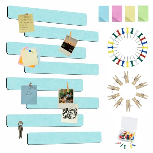 Vuzvuv 8 pcs Bulletin Board Bar Strips with 50 Pushpins & 10 Wooden Clip pins，Self Adhesive Cork Board for Wall，Felt Pin Board for School，Office Decor(Mint Green) - color: Mint Green