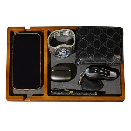 Shinpuru Wooden Valet Tray for Men, Nightstand Organizer with Leather Inlay, EDC Essentials Catchall Tray for Keys, Phone, Wallet, Watch, Earbuds - Bedside Desk Entryway Tray (Wood-Phone) - color: Brown-Ph