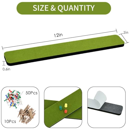 Vuzvuv 8 pcs Bulletin Board Bar Strips with 50 Pushpins & 10 Wooden Clip pins，Self Adhesive Cork Board for Wall，Felt Pin Board for School，Office Decor(Olive Green) - color: Dark Green