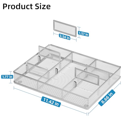 Marbrasse Desk Drawer Organizer, Metal Mesh Drawer Organizer Tray with 5 Adjustable Compartments,Desk Organizers and Accessories for Home,Office,Kitchen,Makeup,Vanity (Silver) - color: Silver