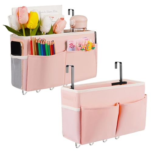 Bedside Storage Organizer 5 Pockets with 4 Hooks Hanging Storage Bag for Headboards/Bunk Bed (2Pack Pink) - color: 2Pack Pink