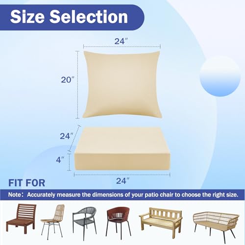 IASEAHK Outdoor Seat Cushion Set, Waterproof & Fade Resistant Patio Chair Cushions, Outdoors Cushion for Patio Furniture, 24 x 24 x 4 Inch, Outdoor Couch Cushions with Handle and Ties, Light Khaki - color: Light Khaki, size: 24*24+4/24*20