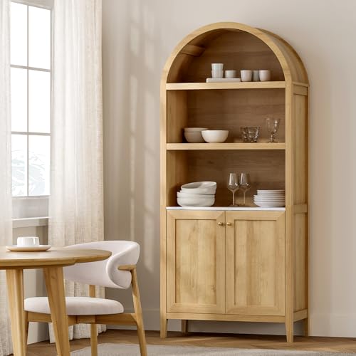 EYYTHUNG 71" Tall Arched Cabinet, 5-Tier Arched Bookcase Storage Display Cabinet with Faux Marble Tabletop, Modern Farmhouse Bookshelf Kitchen Pantry Cabinet for Living Room Home Office, Natural Oak - color: Natural Oak