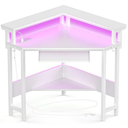 DUMOS Conner Desk Home Office Computer Desk for Small Space with LED Lights Gaming Table with Storage Shelves Power Outlets Monitor Stand Keyboard Tray for Bedroom, White