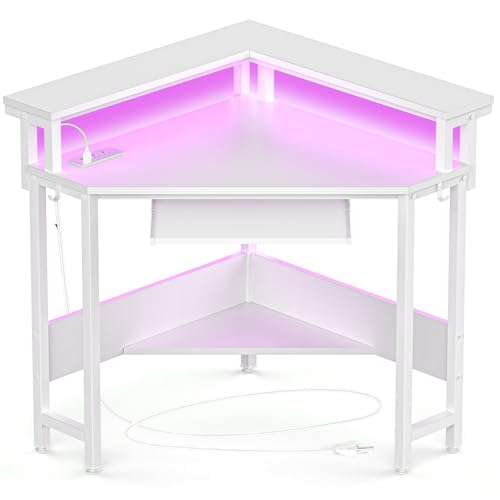 DUMOS Conner Desk Home Office Computer Desk for Small Space with LED Lights Gaming Table with Storage Shelves Power Outlets Monitor Stand Keyboard Tray for Bedroom, White