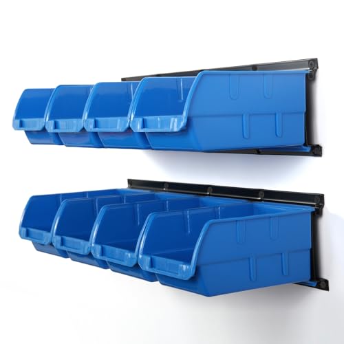 Wallmaster 8-Bin Storage Bins Garage Rack System 2-Tier Orange Tool Organizers Cube Baskets Wall Mount Organizations (Blue) - color: Blue, size: 8Bins+2Rails