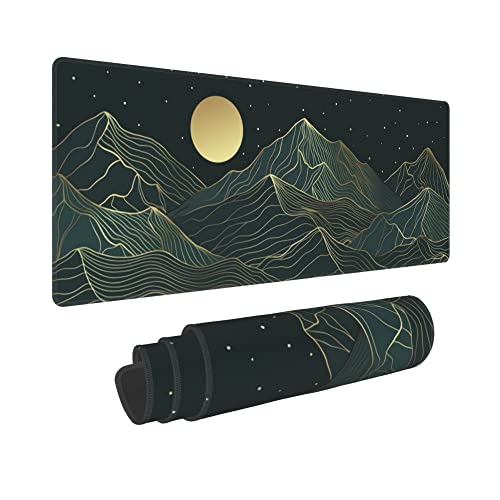 Golden Mountain Line Moon Landscape Gaming Mouse Pad XL Extended Large Mousepad with Nonslip Rubber Base Stitched Edges Laptop Computer Keyboard Desk Mat for Office Home Gamer - color: Mountain Moon, size: 31.5" x 11.8"