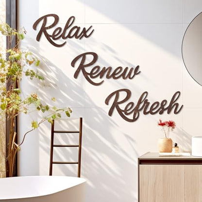 3 Pieces Bathroom Decor Wooden Bathroom Sign,Relax Renew Refresh Sign (Brown) - color: Brown