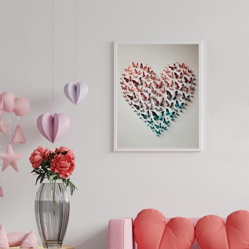 InkFlow Posters Butterfly Heart Poster - 3D Paper Butterflies in Pink, Blue, and Teal - Abstract Love Art for Bedroom, Living Room, Home - 11x14 Unframed Canvas Print - color: Style-04, size: 11"L x 14"W
