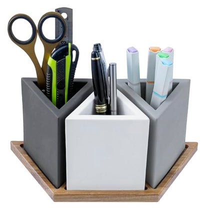 MyGift Modern Concrete Desk Organizer Set with 3 Triangular Gray-Tone Pen Holders and Acacia Wood Tray, 4-Piece Office Storage Solution for Pens, Pencils, and Supplies - color: Wood
