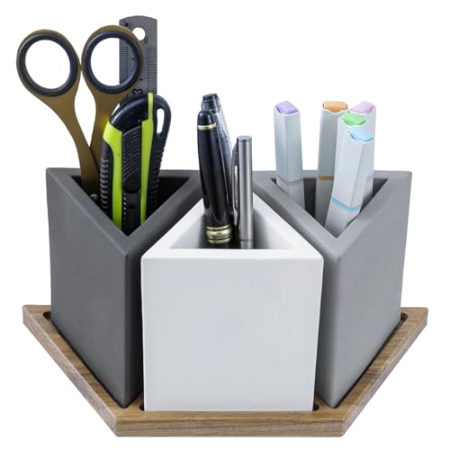 MyGift Modern Concrete Desk Organizer Set with 3 Triangular Gray-Tone Pen Holders and Acacia Wood Tray, 4-Piece Office Storage Solution for Pens, Pencils, and Supplies - color: Wood