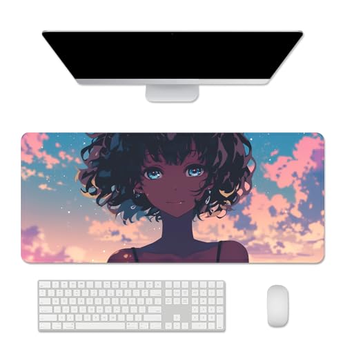 Anime Black Girl Extended Mouse Pad Desk Mats on Top of Desks Gaming Pad Large Mousepad with Stitched Edge Non-Slip Rubber Base for Computer Keyboard Laptop PC (27.5X11.8 in) - color: Anime Girls